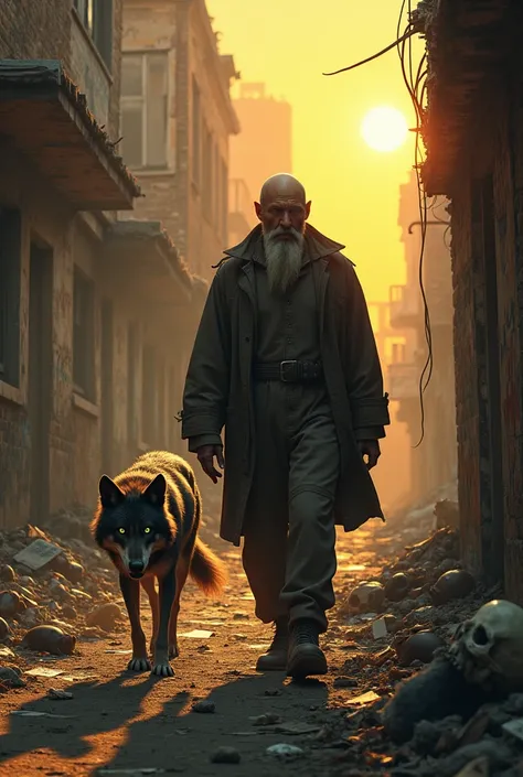 
 
Bearded mountain man, bald, with green, kind eyes, expressing the sentiment of being a stranger in his own town, accompanied by a loyal gray wolf, exploring the war-torn ruins of an old city, evoking sadness and the end of civilization, sunset casting d...