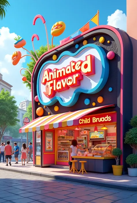 facade of a cartoon-inspired snack bar in the colors white, black, pink, yellow, blue with the name animated flavor real life