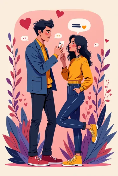 Design an image with the Instagram interface open, showing an example of flirting in the comments and direct messages. Includes like icons, hearts, and the function of answering stories. Use Instagram&#39;s signature color palette (rosado, purple, yellow).