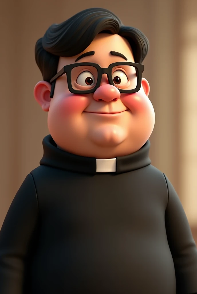  Young man dressed in black cassock, fat round face and square glasses Disney Pixar style