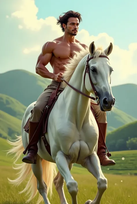 Young man riding a white horse without a shirt