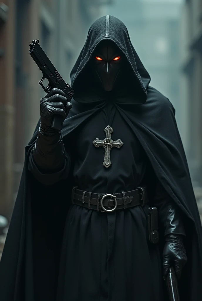 Dark vigilante priest sinister over all leather mask pistol in one hand 