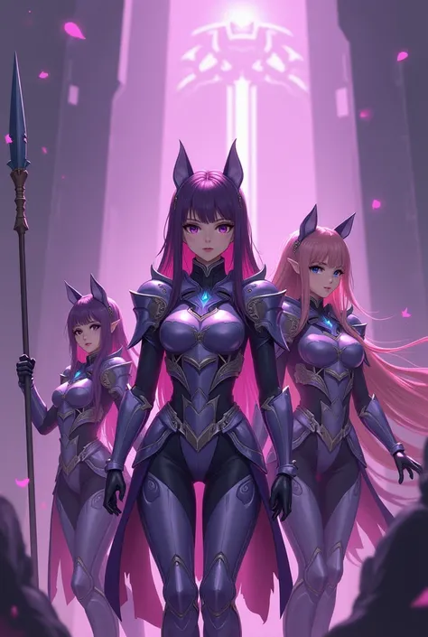 Women generals, cute anime wearing armor. Purple tone. A man with a spear