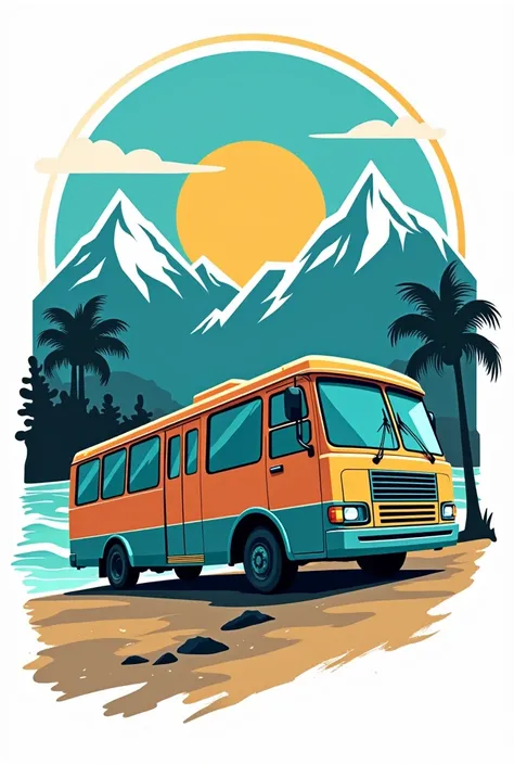 I need a logo in png for bus tours with an image of a bus trip to a mountain and beaches and the most pronounced colors are blue, green and orange that can be used for a hiking logo 