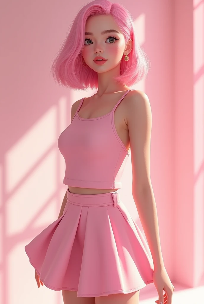 A 19 year young girl with pink top and skirt 
