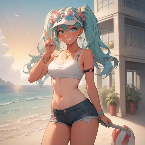 ((Masterpiece, best quality)), highres, highres, Female Body, Female Features, curvy_figure, standing, tan, dark_skin, tanned_belly, (tanlines:1.3), 1girl, solo, standing, looking_at_viewer, smile, peace_sign, (aqua-hair, flower_hair, aqua-blue_eyes, eyewe...