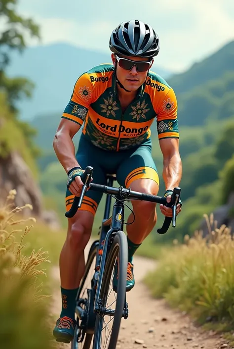 Cyclist with jersey named Lord Dongo
