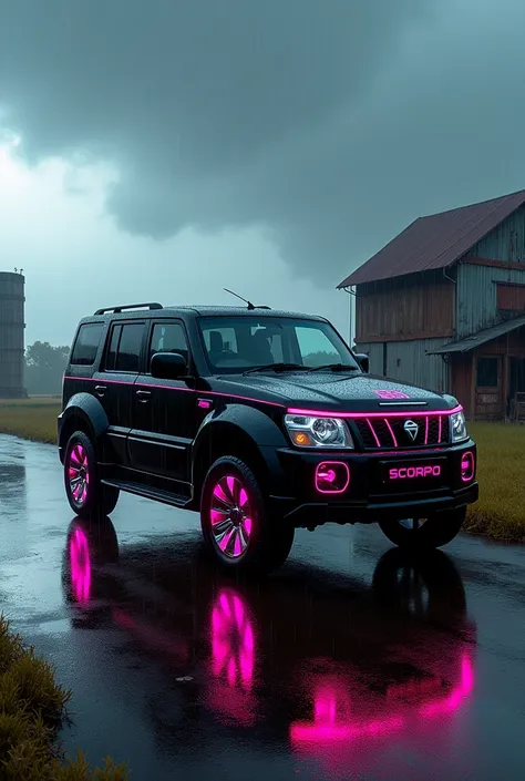 Mahindra scorpio s11 black color with neon lights and chrome alloys cyberpunk with farm background in heavy rainy day