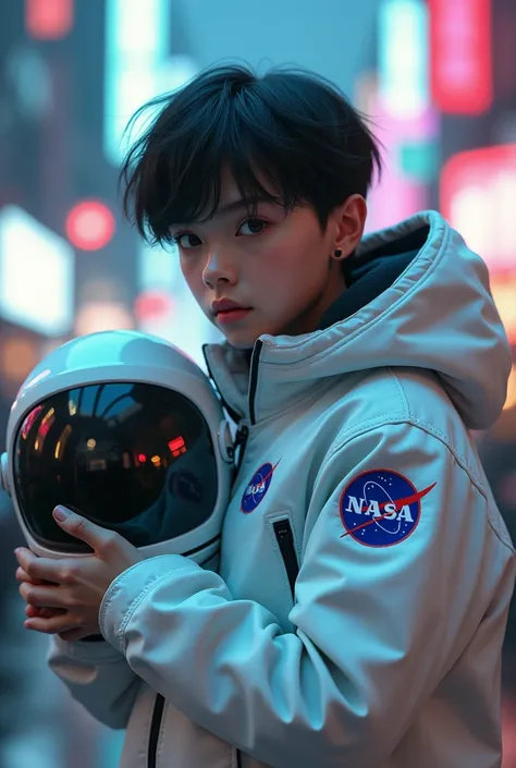 Cyberpunk vision, 1boy, beautiful boy wearing white nasa space jackets, holding the space helmet