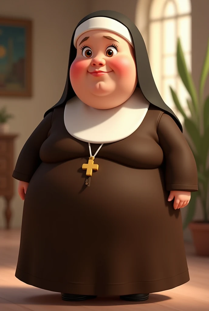 Clarissa nun, dressed in coffee, fat Disney Pixar style