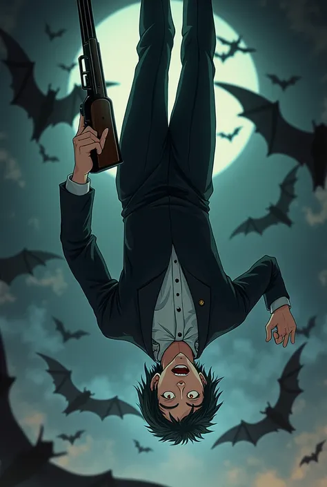 vampyre, using suit, fully body, anime drawing style, shooting with a musket, Upside down, with bats around, nicely designed face, anime vampire face, aiming with a musket