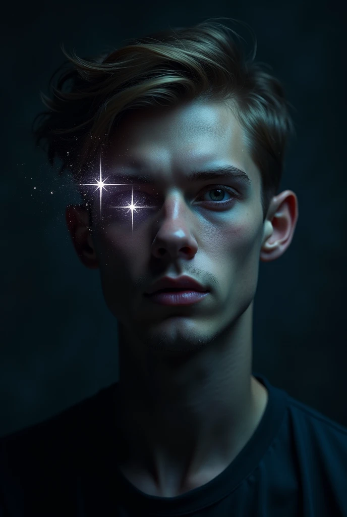 Young man showing his face on a dark background with a star in his eye