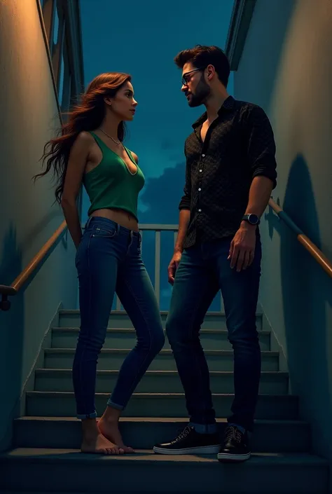 A woman and a men are talking on the stairs at night, the women is wearing a green top and jeans , the men is wearing a black printed shirt, jeans , spec and black sneakers. 