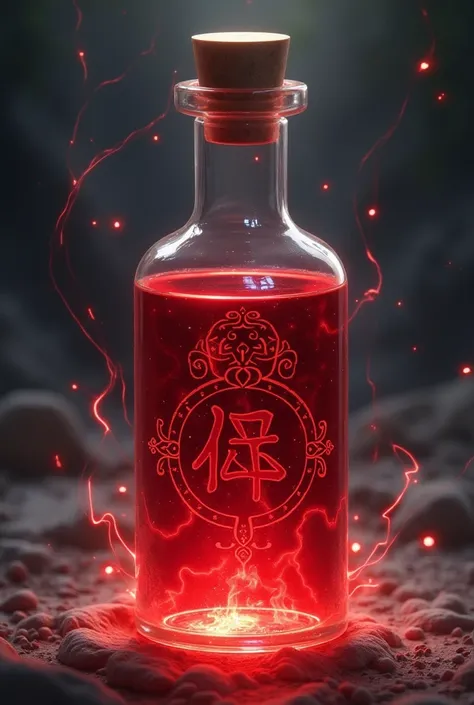 "Design an anime-style Cinnabar Elixir inspired by Naruto, with a sleek, mystical glass vial containing a glowing, deep crimson liquid. The elixir should emit a faint aura of energy, with swirling patterns or smoke-like effects inside the vial. The vial it...