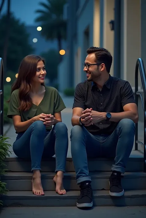 A woman and a men are talking on the wide stairs at night, the women is wearing a green top and jeans , the men is wearing a black printed shirt, jeans , spec and black sneakers. 