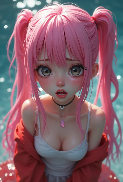 (masterpiece), best quality, expressive eyes, perfect face, baby face, wet body, wet hair, crying a lot, angry, pink two-tone hair, very wavy twintail long hair, Children junior  girl, 
medium breasts, micro mini jacket, See-throu, open mouth, open bra