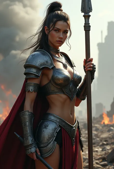 Female general in half-naked iron armor, tay cầm thương