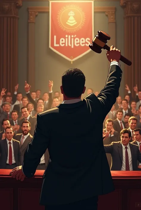 An auctioneer in a suit and tie, standing backwards, with a judge&#39;s gavel held high, with a crowd with their hands raised, and a banner in Portuguese written exactly Tribuna Leilões