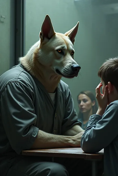 Strong humanoid dog in prison uniform receiving a visit from his family in jail talking to them through a telephone separated by a glass wall