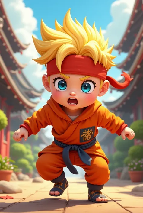 A baby ninja in a vibrant anime world, orange jumpsuit, spiky blonde hair, determined expression, dynamic action pose, detailed anime-style rendering, bright color palette, dynamic lighting, cinematic composition, (best quality,4k,8k,highres,masterpiece:1....