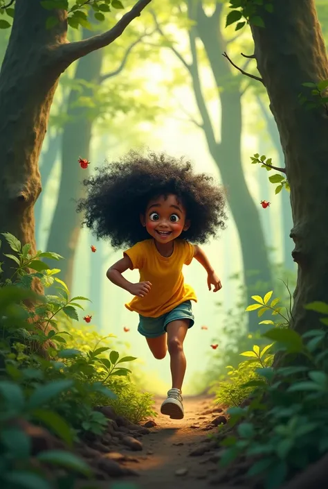  girl  ( curly black hair) running through the forest 