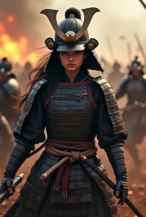 Japan Female Samurai、Female warriors of the Sengoku period、Wearing a helmet、Scene of fierce fighting、There are many people fighting around、Flames are rising all around、Sense of presence。Real、Genuine、２５age、Black Hair