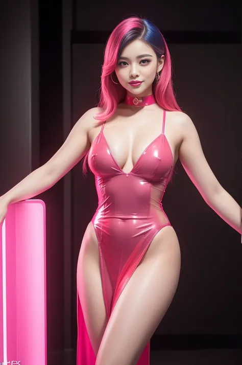 A beautiful, stylishly-dressed female idol with a glossy, transparent lipstick, happy smile, defined eyebrows, and long lashes, wearing a sheer, neon pink latex dress, posing provocatively in a full body, lesbian-themed scene, with colorful hair, (best qua...