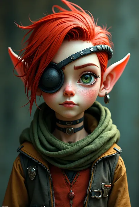 Adult with red hair and one eye with a patch and the other green, with worn colored clothes.

