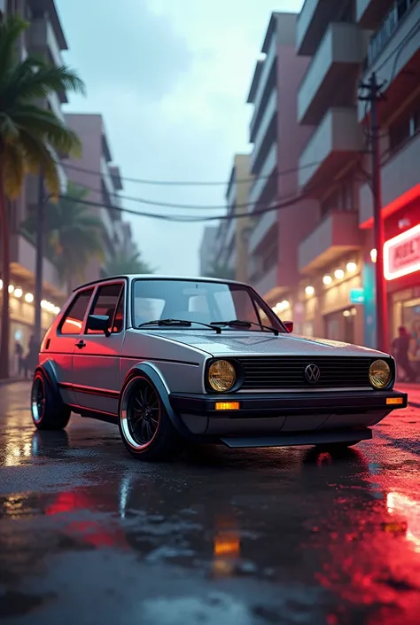 Create photos of the gray Volkswagen Golf MK5 Rabbit in an urban environment of a Latin American country with superficial details in the style of Need For Speed: Unbound