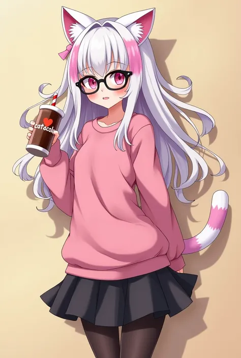 I have white pink hair, cat ears, A good, My face is super flushed, black glasses, pink heart eyes, a big pink sweatshirt, a black skirt, black stockings, White shoes, A cat&#39;cola, A woman. very shy that is stuck to a wall with her butt