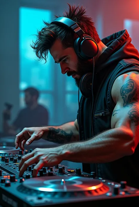 Wolverine with headphones and a turntable