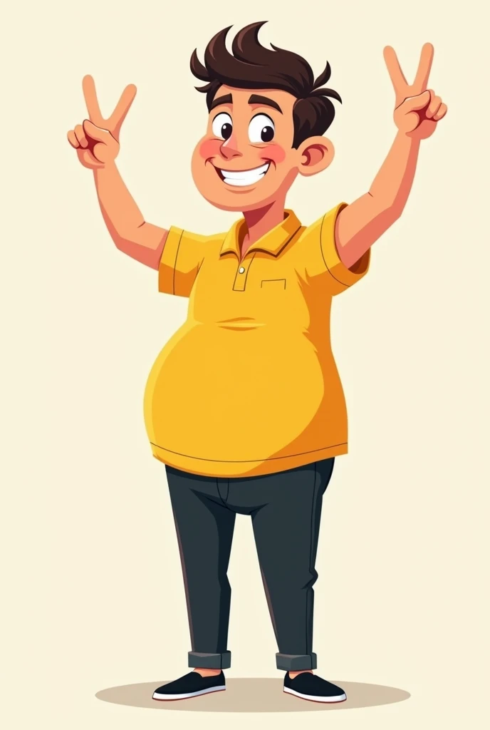 drawing of a thin man with a small belly making the victory sign with his fingers wearing a yellow polo shirt,  Black pants and black shoes . cartoon features

