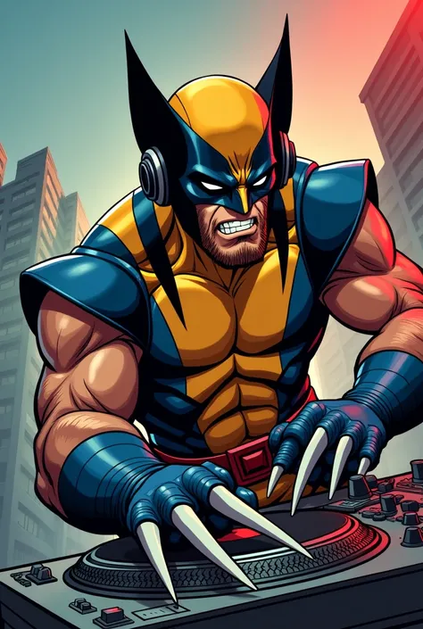 Animated comic book style Wolverine with headphones and a turntable