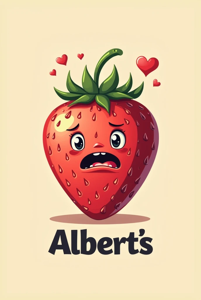 Make me a logo for a brake pad shop with cream that has a big strawberry shaped like an ouch and below it has a writing that says Albert&#39;s 