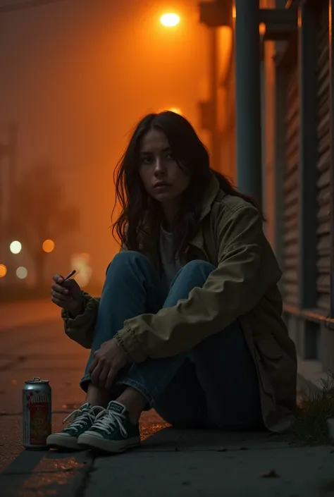 girl sitting sadly on the sidewalk with a can of beer in one hand, hand holding cigarette under orange street light photo 