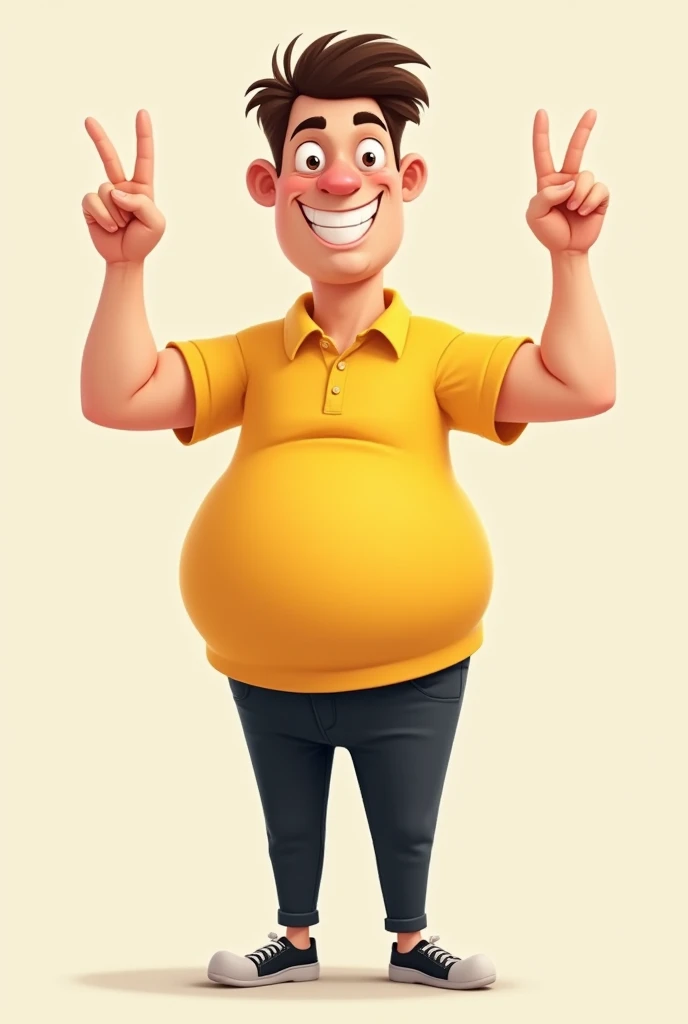 drawing of a thin man with a small belly making the victory sign with his fingers wearing a yellow polo shirt,  Black pants and black shoes . cartoon features

