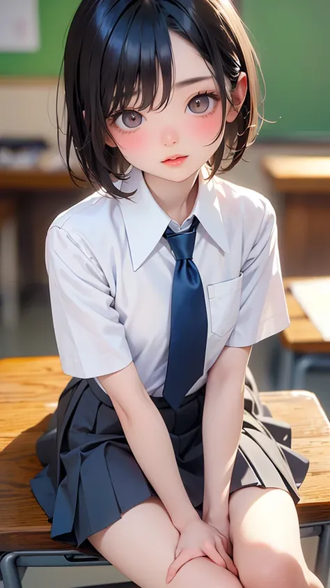 (Tabletop, Highest quality:1.2), 8k,LD, 85mm, Official Art, RAW Photos, Absurd, White dress shirt, Cute Face, close, Shooting from knee to overhead, Viola Lace, Gardenia, beautiful girl,(Light brown eyes:1.3) , (Navy Pleated Skirt:1.1), Squeeze the waist, ...