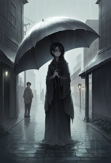 Heres a refined prompt that includes your preferences:

"A nighttime scene set during the rainy season. The image is mostly in black and white, but the focus is on a beautiful girl, who stands out in vibrant color. She is holding a large black umbrella, wh...