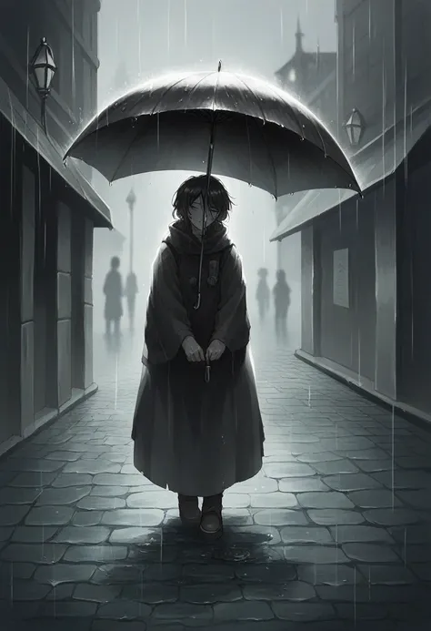 Heres a refined prompt that includes your preferences:

"A nighttime scene set during the rainy season. The image is mostly in black and white, but the focus is on a beautiful girl, who stands out in vibrant color. She is holding a large black umbrella, wh...