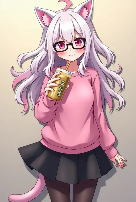 I have white pink hair, cat ears, A good, My face is super flushed, black glasses, pink heart eyes, a big pink sweatshirt, a black skirt, black stockings, White shoes, A cat&#39;cola, A woman. very shy that is stuck to a wall with her butt