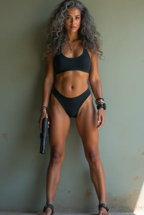 A beautiful youthful looking Filipino version of Ariana Grande as a 50 years old woman with long curly completely gray hair as the superhero Daisy Johnson from Agents of S.H.I.E.L.D wearing a swimsuit leaning on a wall hold a gun in her hands pointing it i...