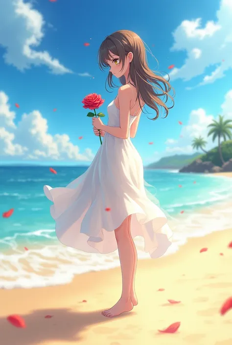 A anime girl on the beach and take a rose in hand