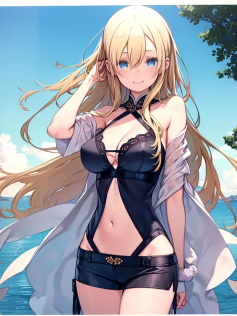 One Girl、Blonde Hair、Hair between the eyes、long hair、Blue Eyes、Big Breasts、Huge breasts、Tight waist、belly button、sunglasses、Shorts、Bikini Swimwear、Cape、Off the shoulder、Cleavage、Cleavage、Hair blowing in the wind、Smiling、Standing in an ancient Greek town、An...