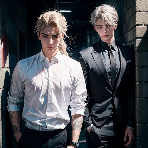 -Create 1 boy -He wears a formal white shirt -Formal black pants -He has tattoos on his arms -He wears a watch on his left hand -He has medium-long hair, that fall disheveled waves -Has broad shoulders -Has a slim body -Has a muscular body -Silver blonde h...