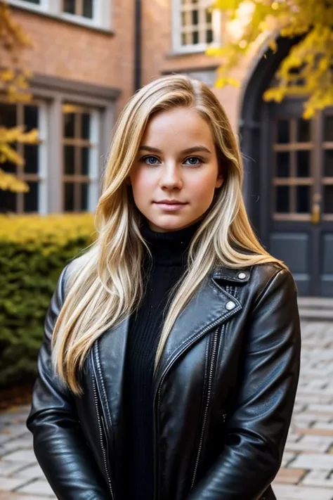 Medium view, of young aged, face portrait, Scandinavian features,long hair, chubby, blond hair, high quality, pretty, gorgeous, beautiful, black leather jacket over sweater, in cozy college courtyard,