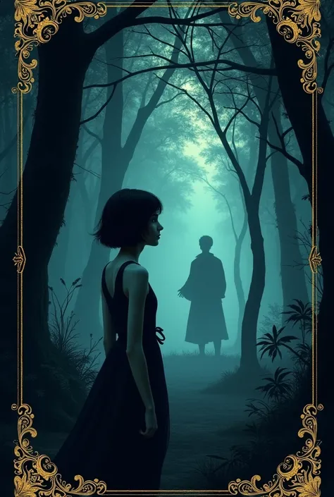 Book cover,  background a night forest, Profile of the girl with her back turned, short black hair, white skin. I do not know.sees his face.
Details in Gold