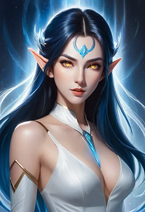 An anime-style illustration of an elf character dominates the frame, centered and facing forward with a confident, intense expression. The character has long, straight dark blue-black hair with lighter blue highlights, partially covering her face, and prom...