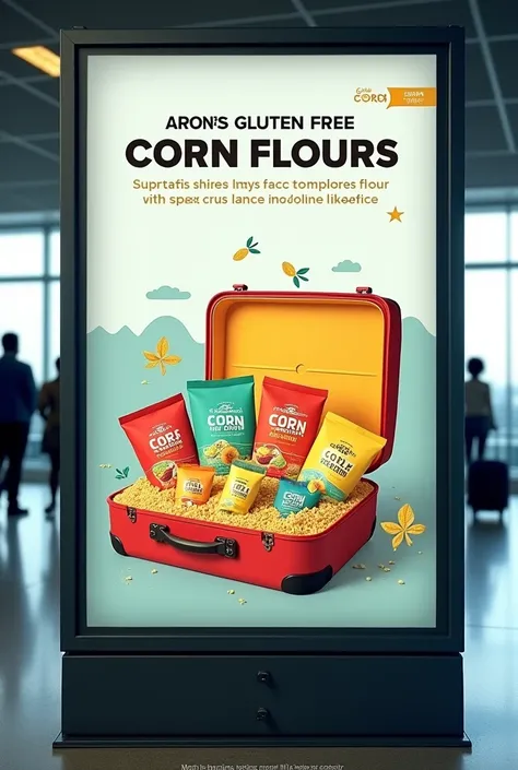 Create a background image for an airport billboard to promote gluten-free corn flours. An open suitcase where the flours can be displayed 