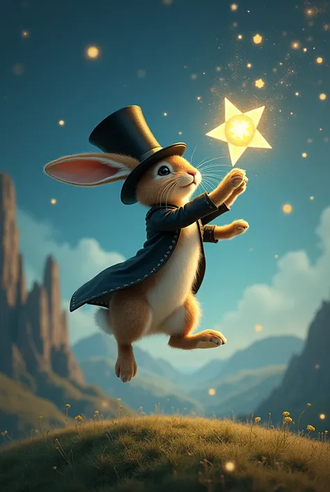 rabbit in a top hat with a lord of the rings atmosphere taking a leap catching stars