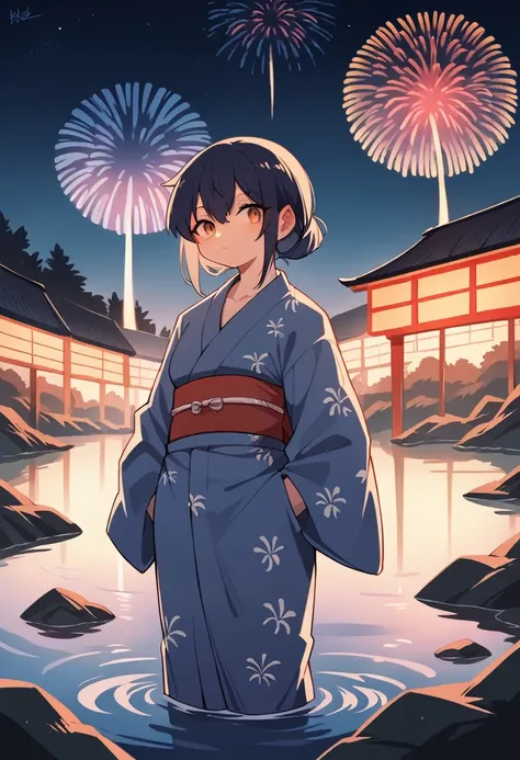 top quality, Best Quality, High resolution, masterpiece, súper High resolution, detailed background, lake, night sky, Fireworks, Japanese yukata, absurdities, perfect anatomy, good lighting, cinematic shadow(1 girl, kemono, hairy den)Various Expressions, t...